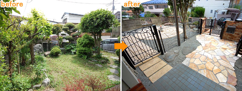 雑草だらけの和風の芝生の庭→洋風の石張りでドックラン風に雑草対策・雑草除去・防草対策・庭草対策