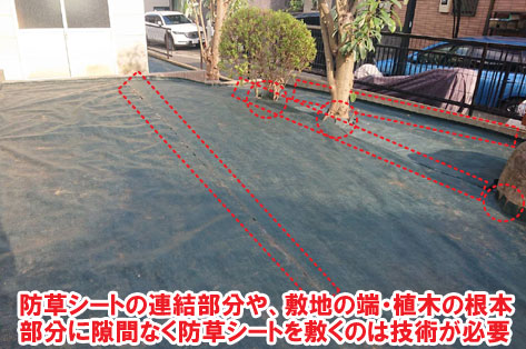 敷地の端や植木の根本部分に防草シートを隙間なく敷くのは技術が必要／人工芝の広いお庭～神奈川県秦野市施工事例　別荘,アトリエ,別荘の庭,人工芝,タイル張り,実家の庭