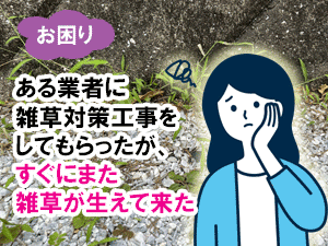 ある業者に雑草対策工事をしてもらったが、すぐにまた雑草が生えて来た／後悔しない！賢い造園外構業者・エクステリア業者・庭工事業者の選び方～フェンス,カーポート,庭工事,外構業者,造園業者,造園外構業者,庭リフォーム工事会社,エクステリア工事業者,庭リフォーム業者,植木屋,選び方,探し方,探し方,おすすめ,メリット,デメリット