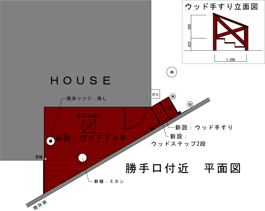 母のための親孝行ウッドデッキ、母の転倒防止＆介護用手すり～神奈川県茅ヶ崎市W様邸施工例